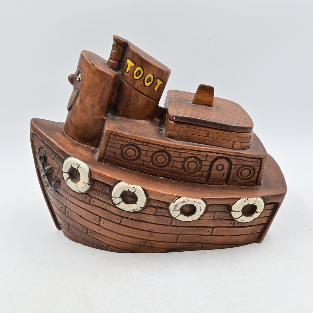 Treasure Craft  Toot Toot Tugboat Cookie Jar 9" Ceramic Brown Nautical Vintage